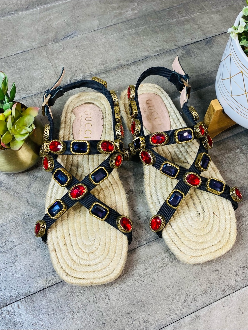 GUCCI Crystal Jewel Embellished Grosgrain Espadrille Gladiator Sandals Sz 7.5 38